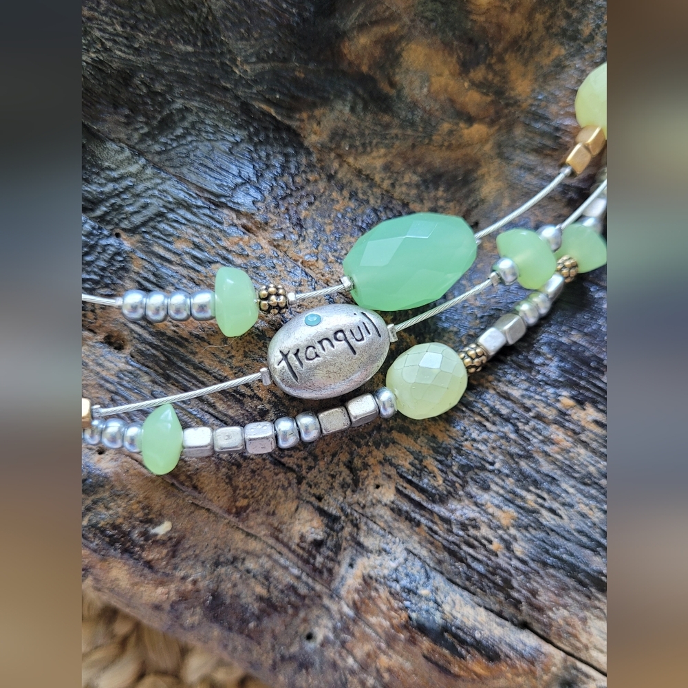 "Tranquil" Triple Strand Necklace, Citrine, Mint and Brassy Beaded Necklace.